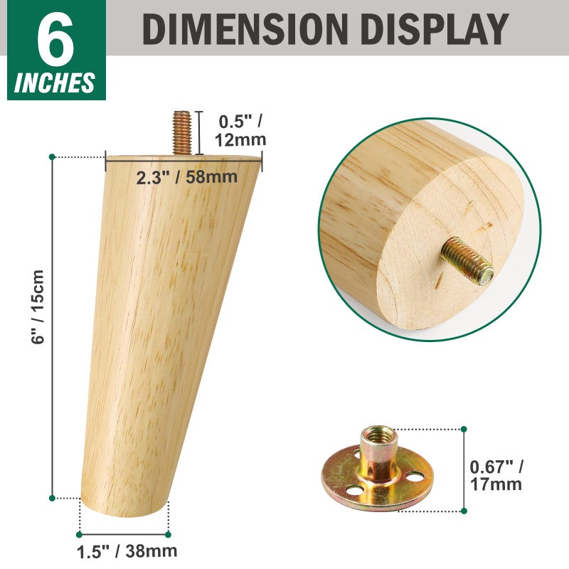 FoDau770 Rubber Wood Furniture Legs 6 Inches, Slant Tapered Wood Legs Mid Century Sofa Legs Set of 8, 5/16"" UNC Furniture Feet Replacement Legs for Cabinet Sofa Couch Dresser Chair Ottoman Table - Image 3